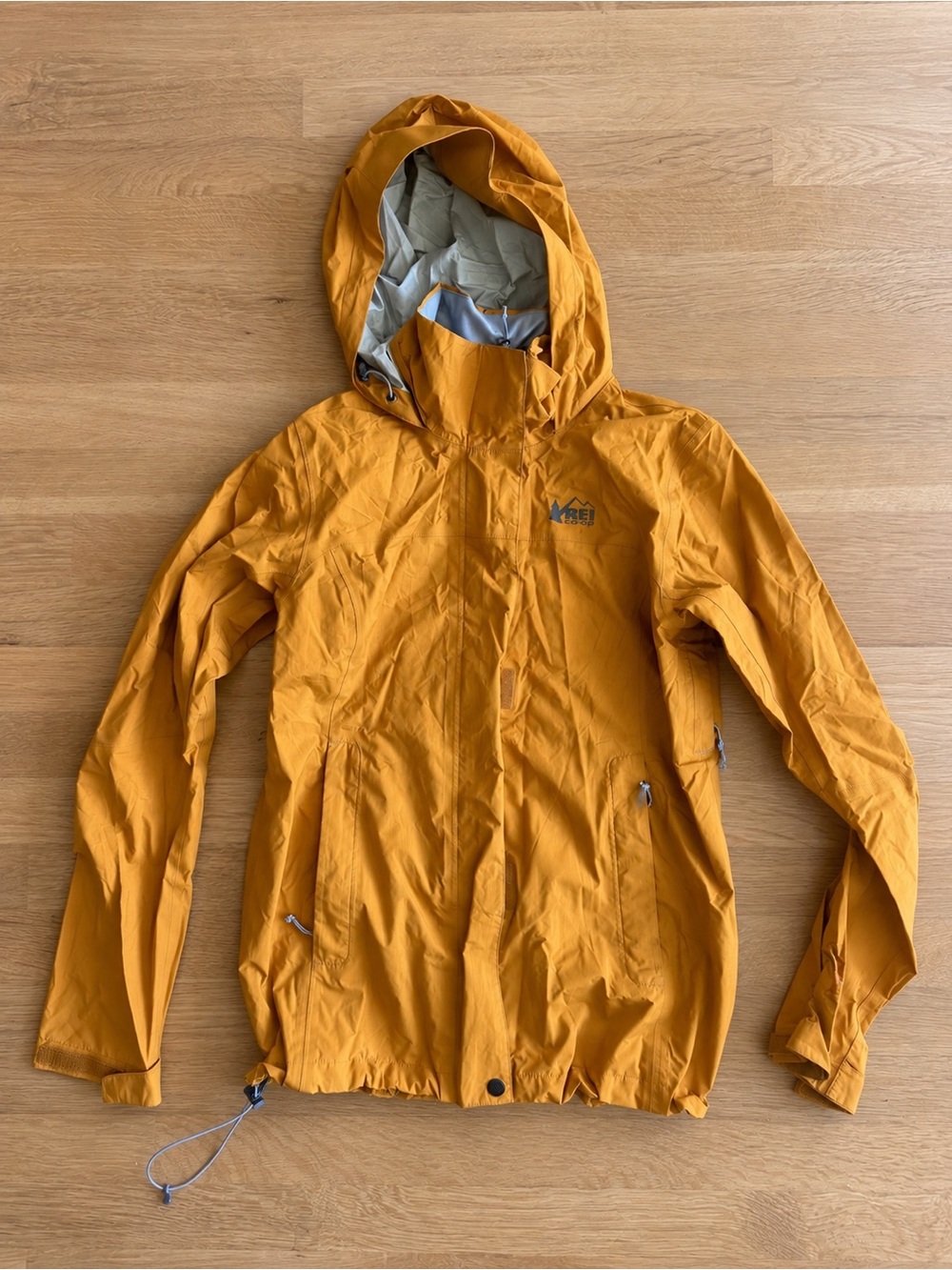 REI Women or Men’s Mustard Yellow Hooded Waterproof Rainer Rain Jacket